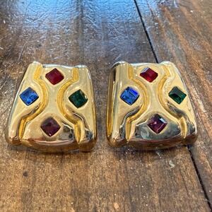 Vintage Gold Statement Earrings Multicolor Rhinestone 80s Runway